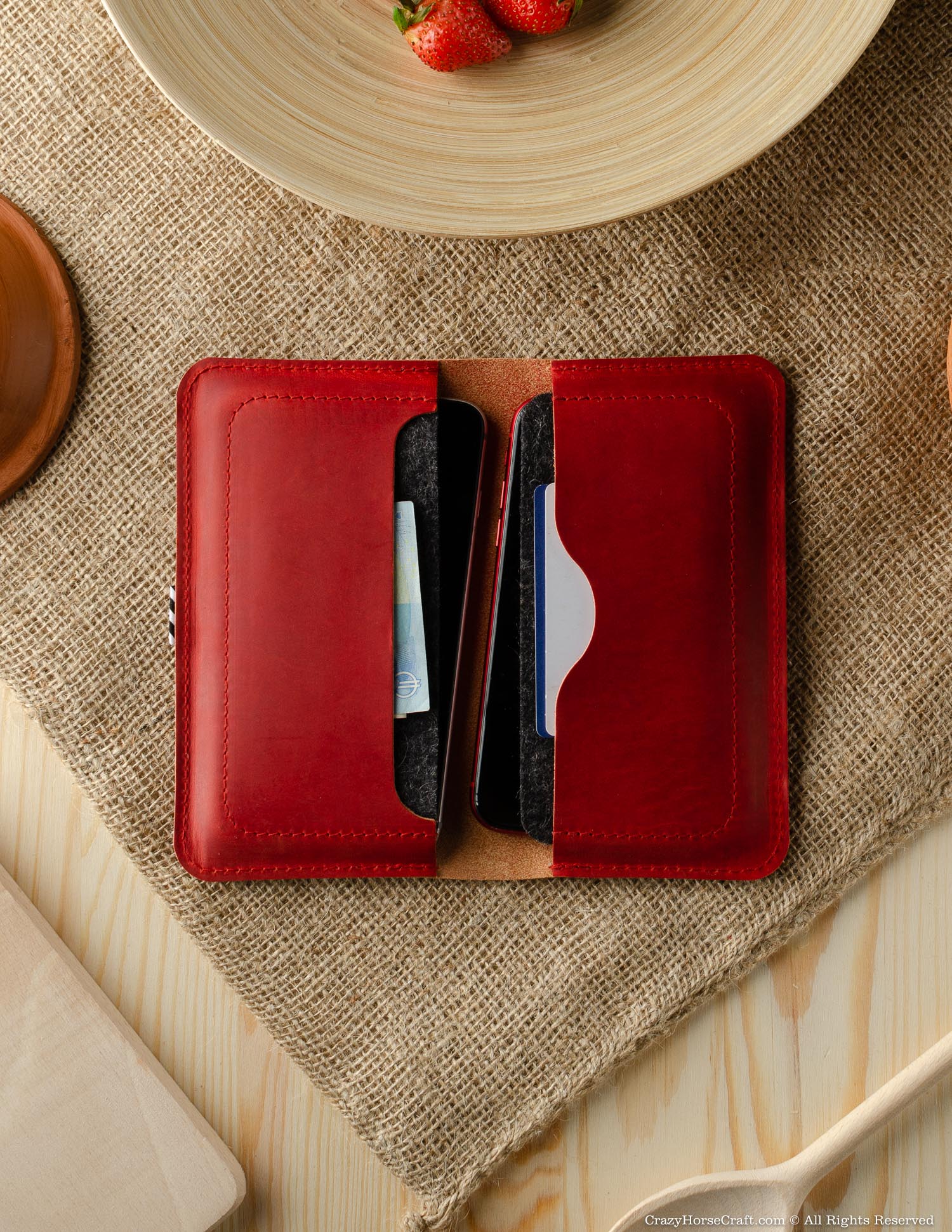 Leather wallet / case for two phones | Fragola Red