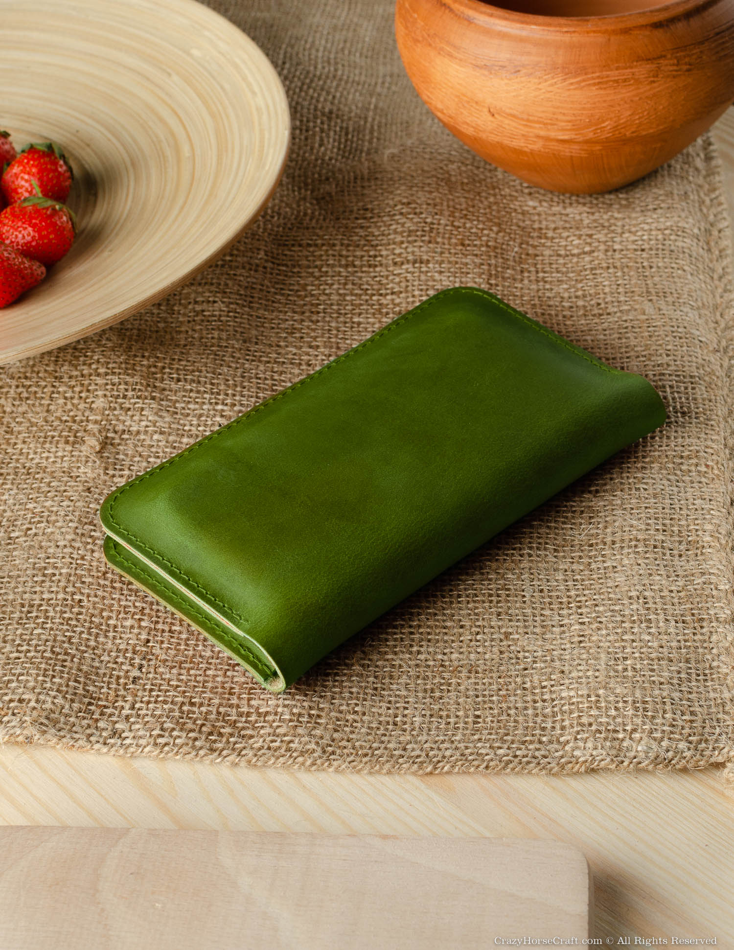 Vegetable tanned Leather wallet case for two phones alpine green