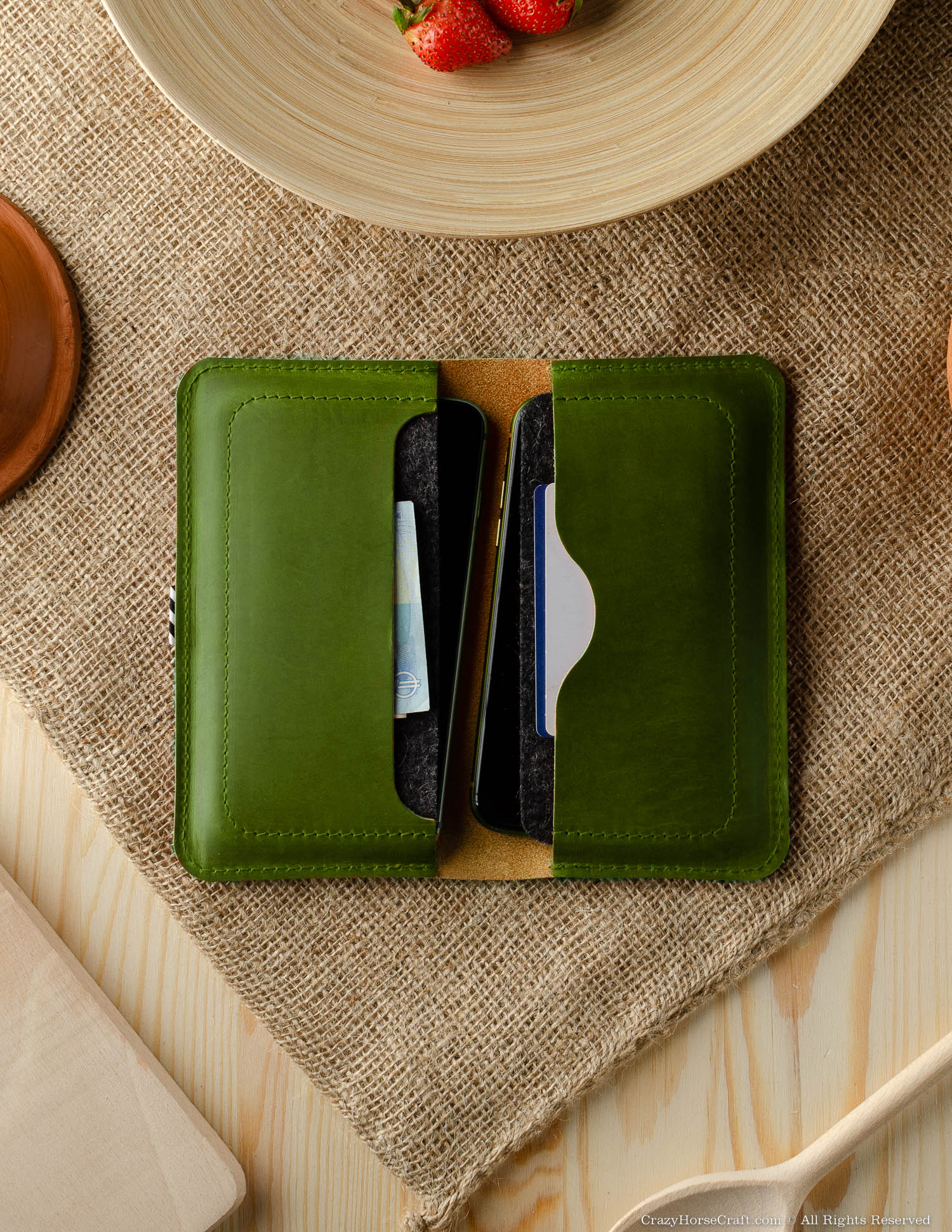 Vegetable tanned Leather wallet case for two phones alpine green