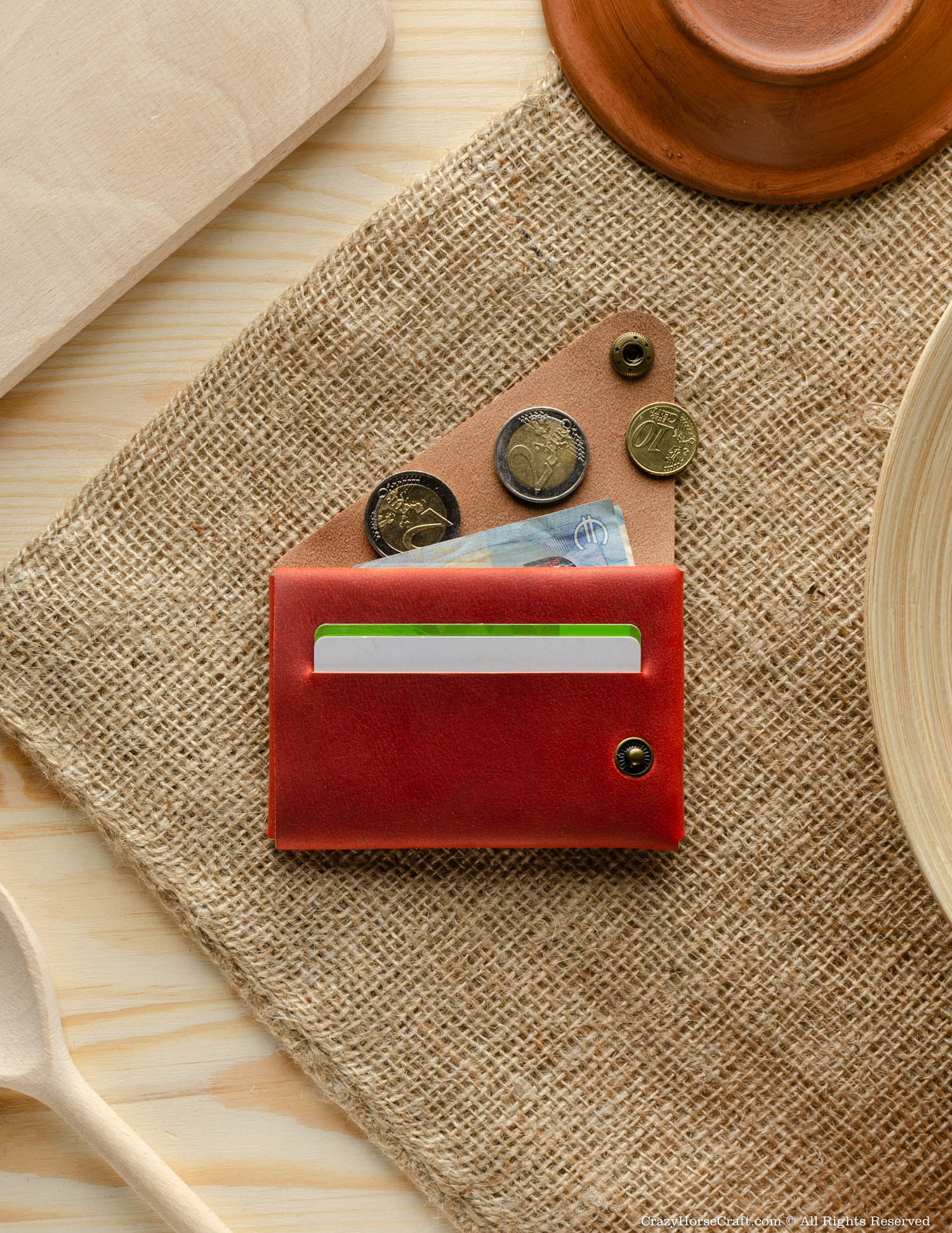 Minimalistic leather wallet card holder Fragola Red vegetable tanned leather
