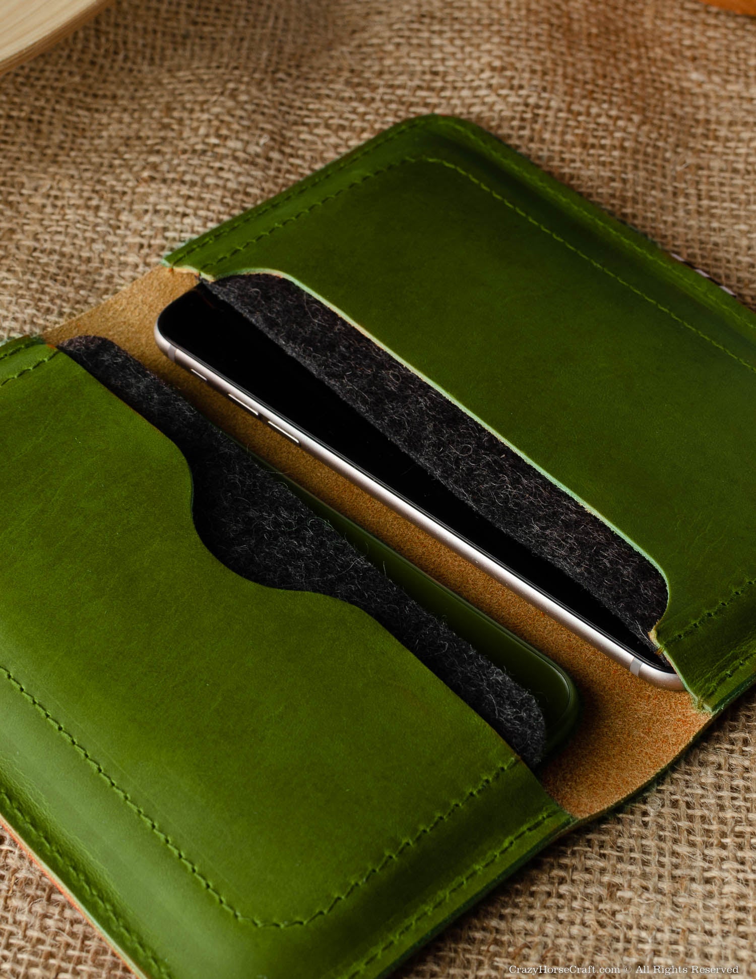 Vegetable tanned Leather wallet case for two phones alpine green
