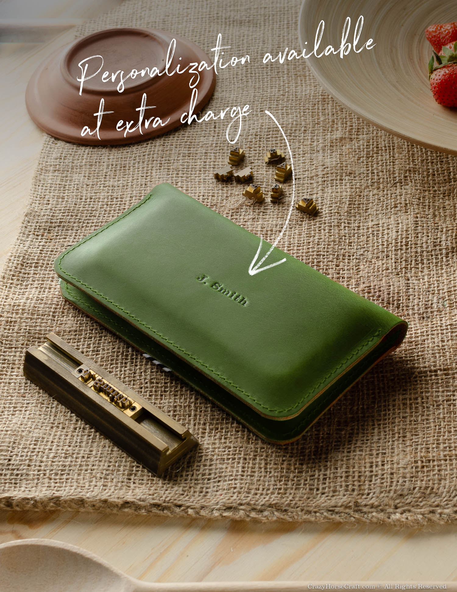 Vegetable tanned Leather wallet case for two phones alpine green