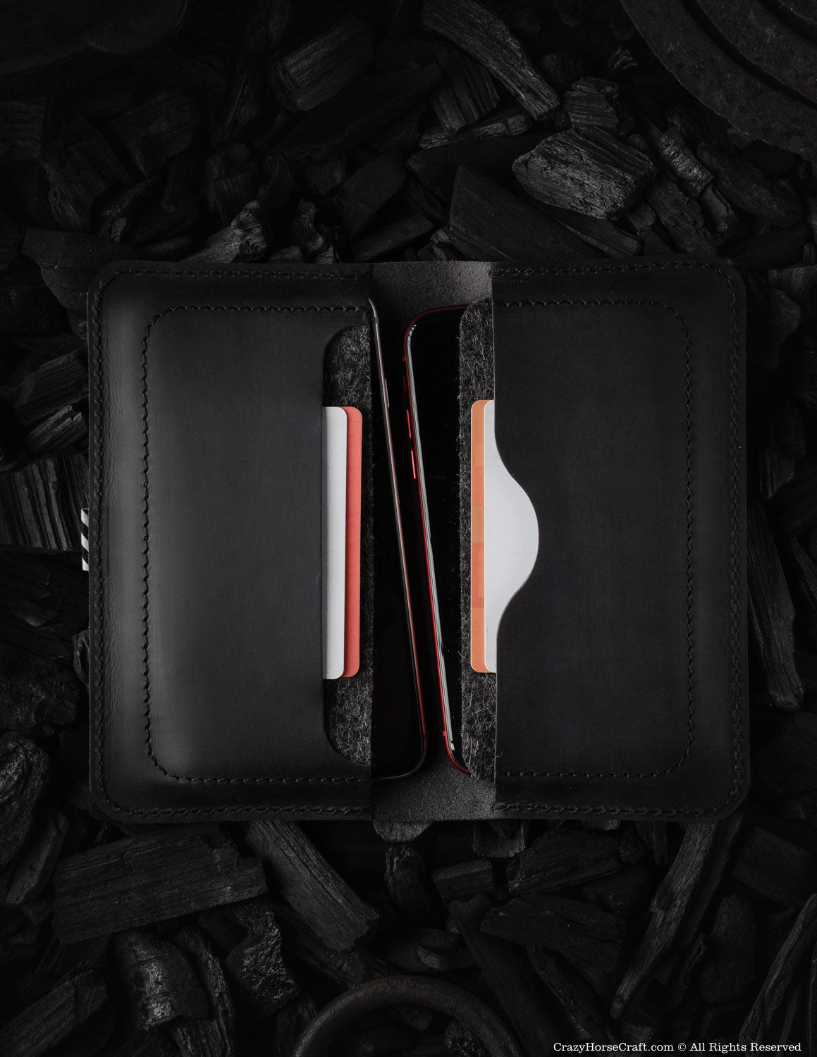 Leather wallet / case for two phones | Carbon Black