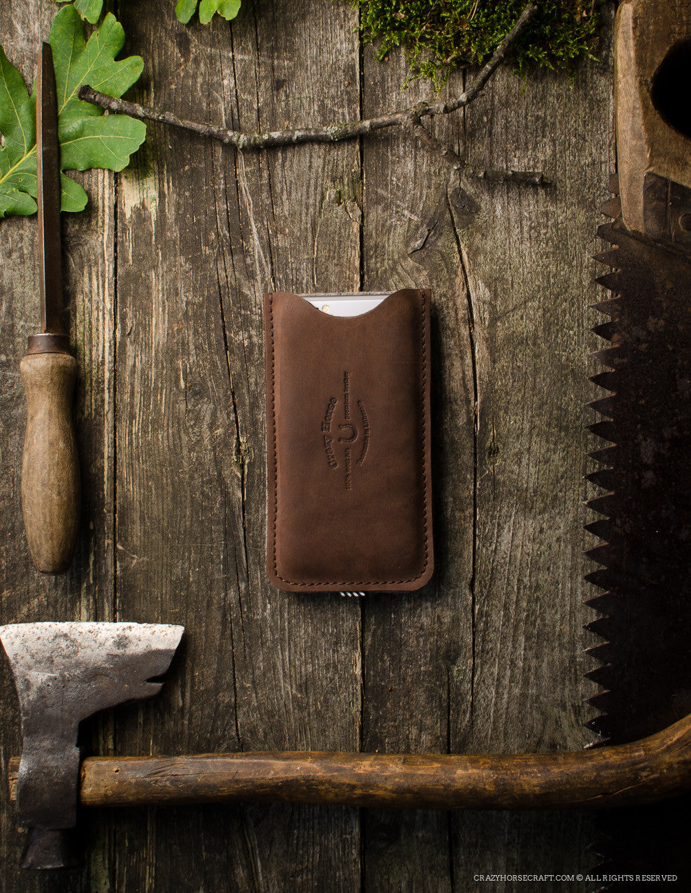 Leather iPhone Case With Earpods Holder | WoodBrown