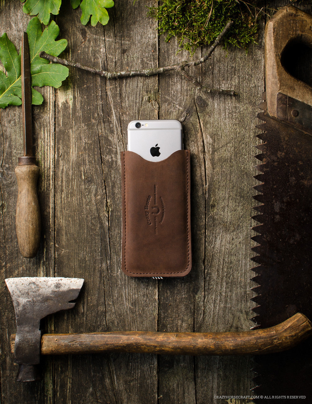 Leather iPhone Case With Earpods Holder | WoodBrown