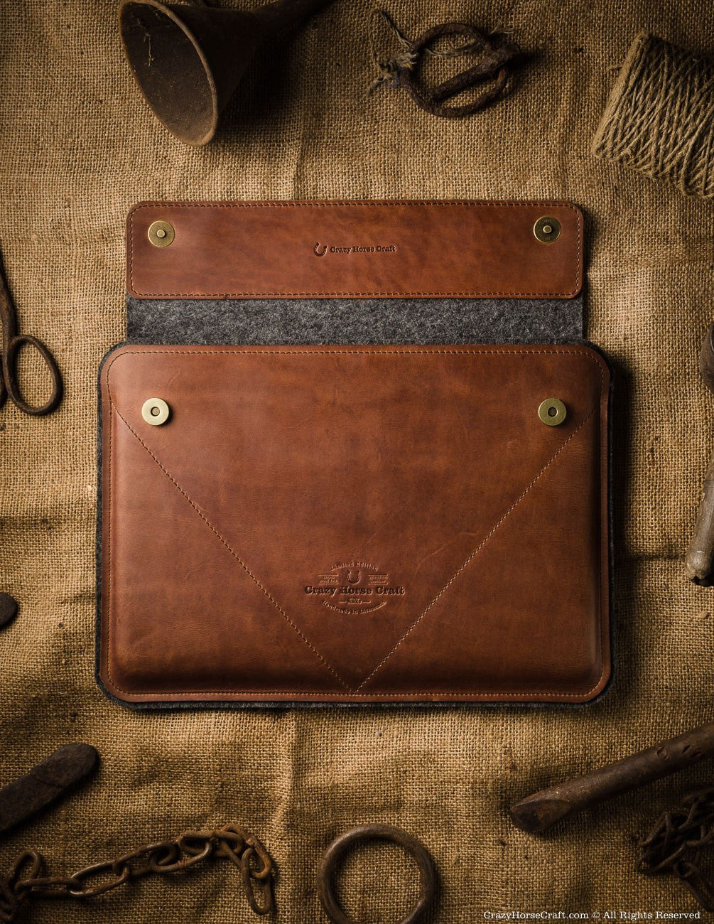 Leather macbook air case sleeve brown wool felt