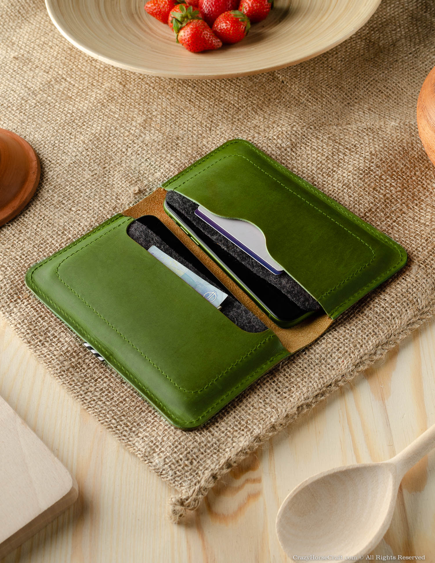 Vegetable tanned Leather wallet case for two phones alpine green