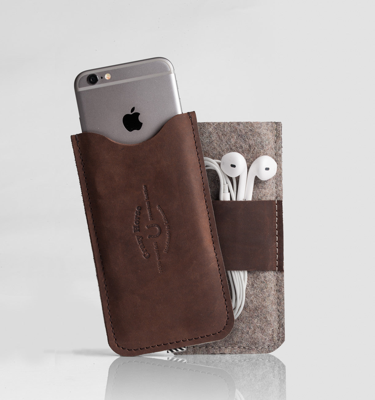 Leather iPhone Case With Earpods Holder | WoodBrown