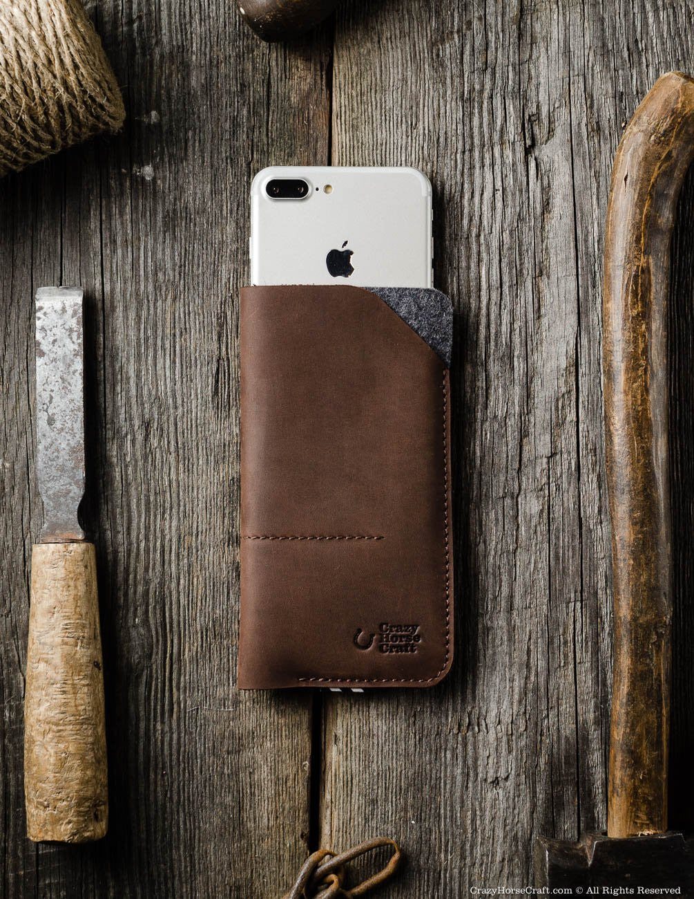 Leather iphone 7 plus case sleeve, brown, felt, front, iPhone Xs, Xr genuine leather case