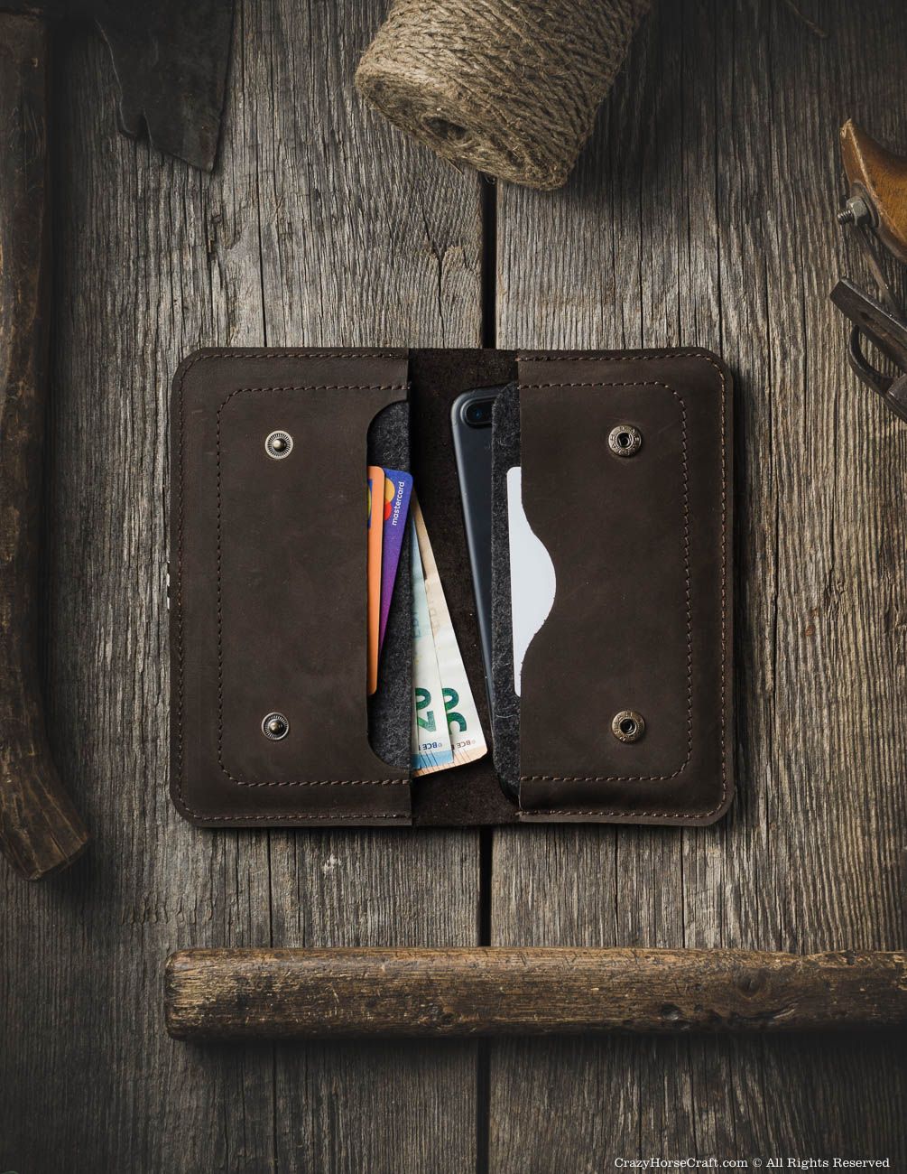Leather iPhone Wallet / Case for two phones | Wood Brown