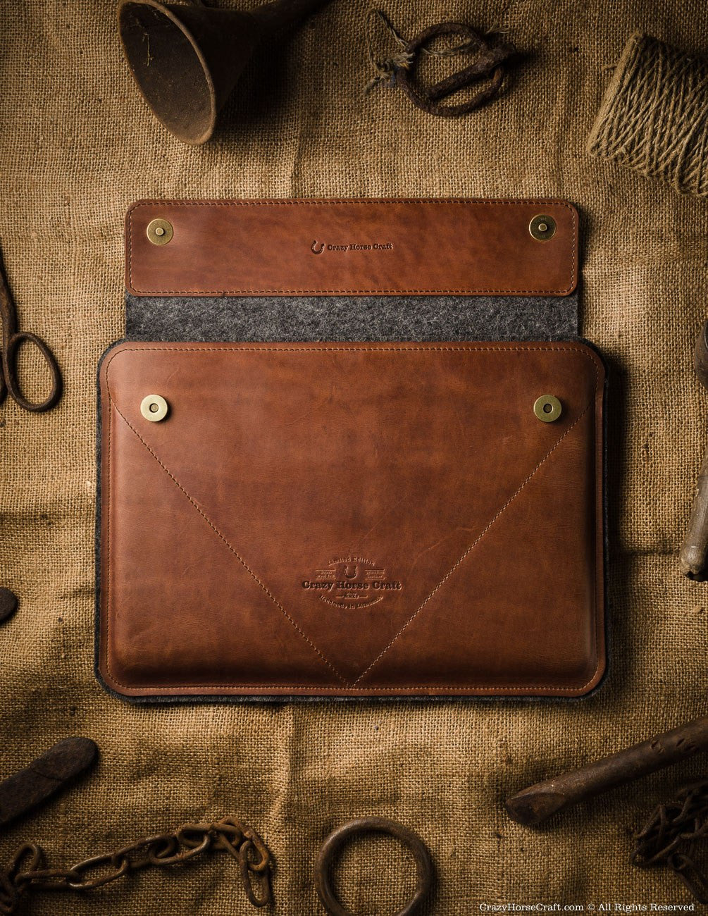Leather macbook air case sleeve brown wool felt