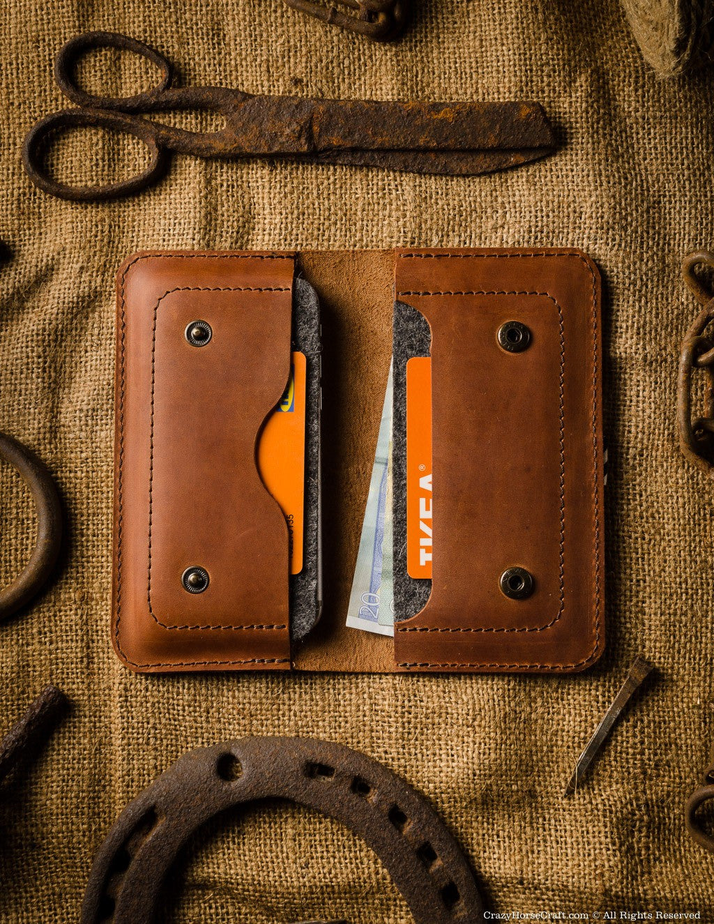 Leather two iphone 8 plus case / wallet, orange, inside